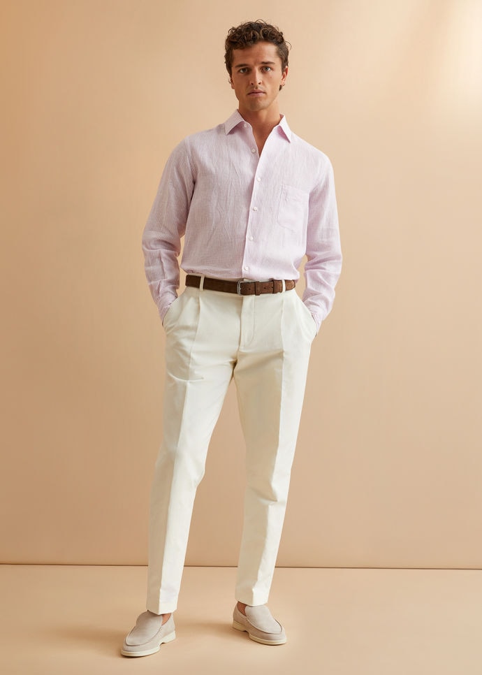 beige chinos pink shirt