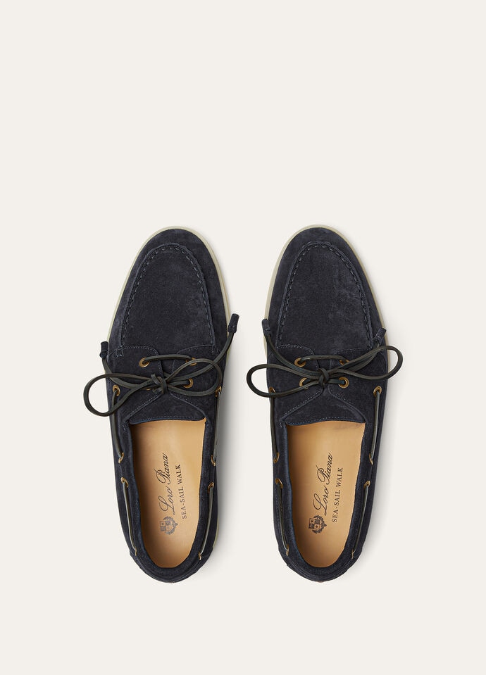 新品同様　Loro piana ロロピアーナミンクファーライナー　レザーグローブ シー・セール・ウォーク・モカシンシューズ 牛革 ネイビーブルー