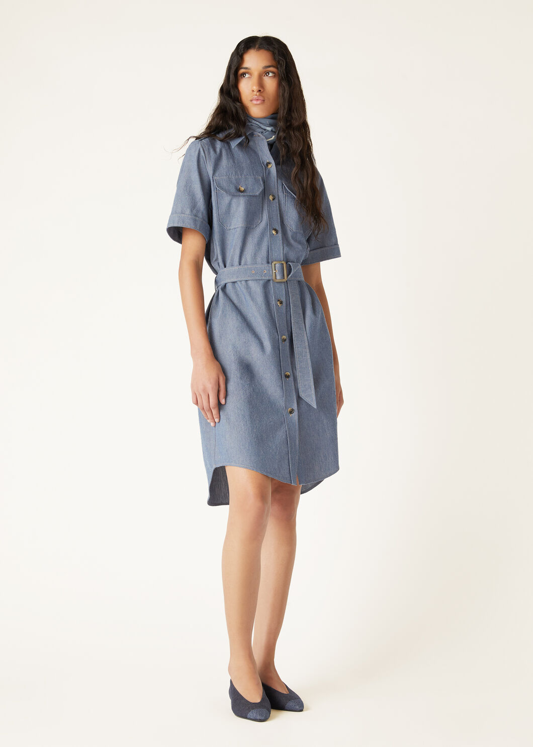 Annalisa Dress Cotton Cashmere Chambray Blue Loro Piana BE