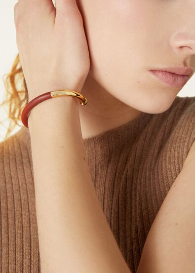 LEATHER COVERED OPEN-CUFF BRACELET ROUNDED CALF